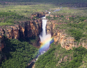Aerial Jim Jim Falls in wet season, Kakadu National Park